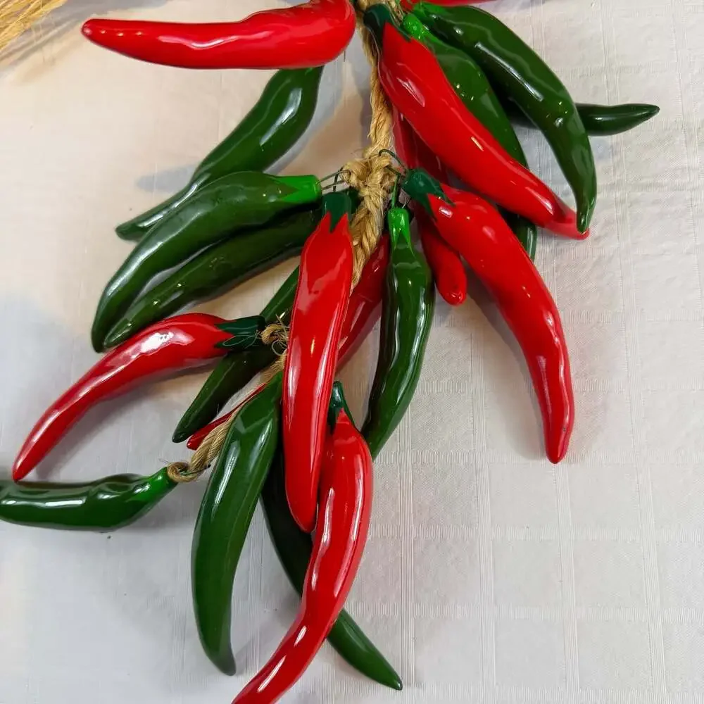 red & green ceramic chili pepper wall hanging glossy glazed on jute rope